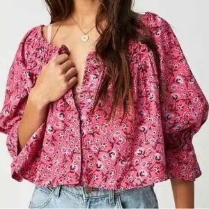 Free People - James smocked floral pink blouse Sz Medium